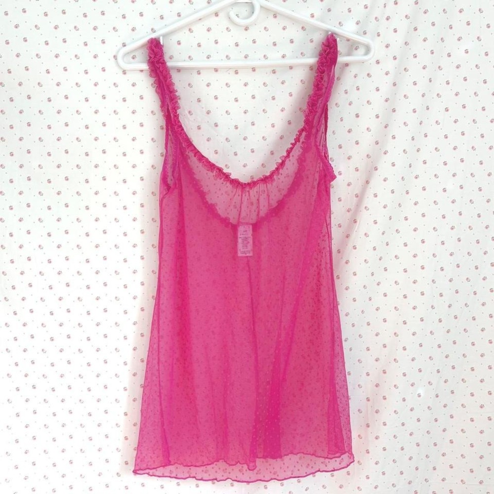 hot pink sheer mesh cami polka dot lace trim tank top y2k